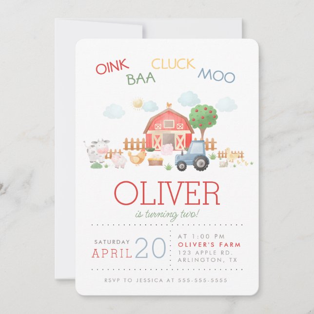 Invitación de animal de granja de granero rojo lin (Anverso)