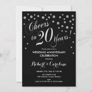 Invitación de aniversario 20 en negro y plata