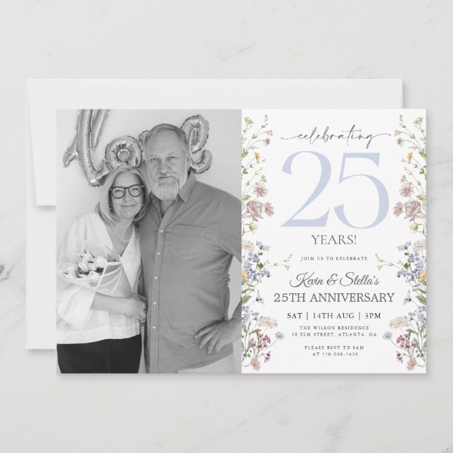 Invitación de aniversario 25 con foto de flores si (Anverso)