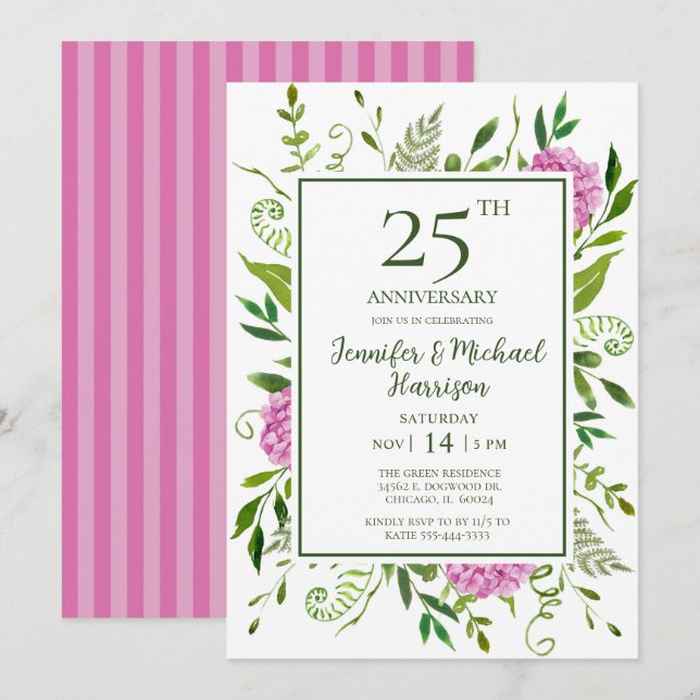 Invitación de aniversario 25 con Hortensias Rosas (Anverso / Reverso)