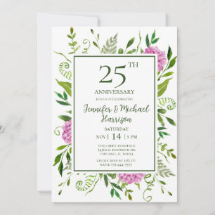 Invitación de aniversario 25 con Hortensias Rosas