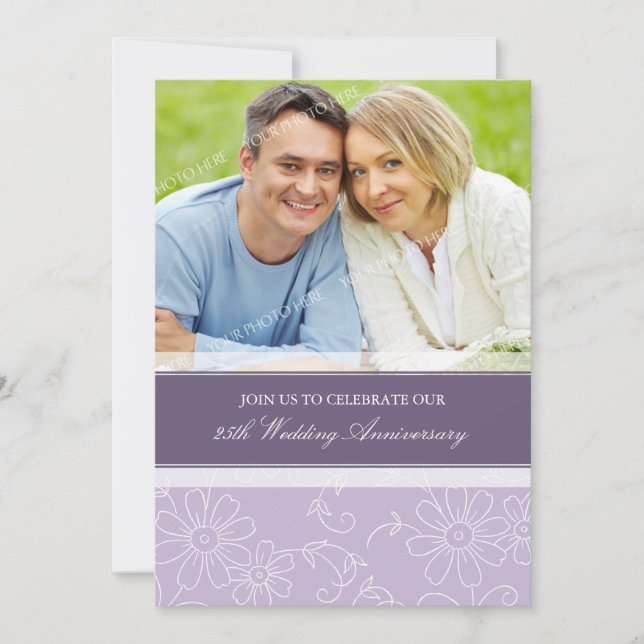 Invitación de aniversario 25 de foto floral púrpur (Anverso)