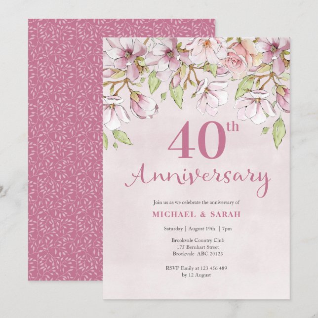 Invitación de Aniversario 40 Floral Rosa (Anverso / Reverso)