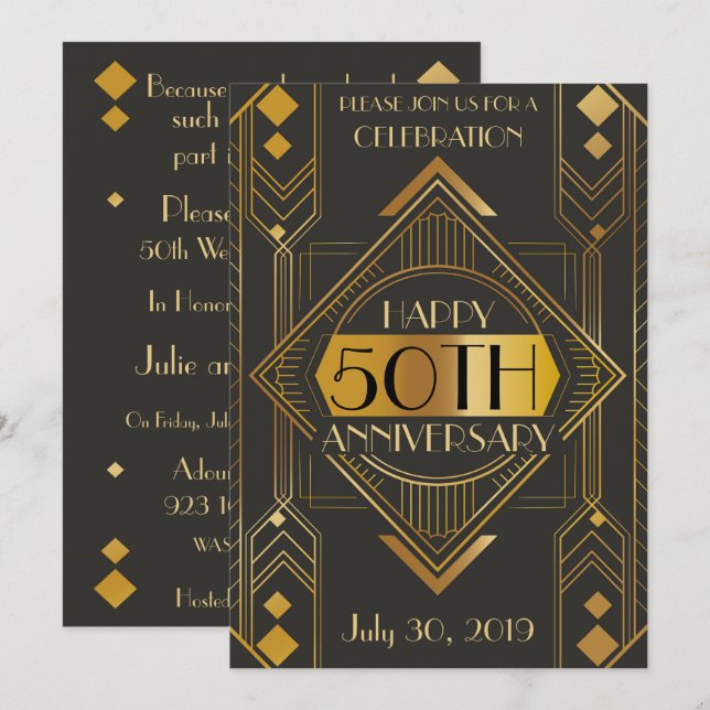 Invitación de aniversario Art Deco elegante para 5 (Anverso / Reverso)