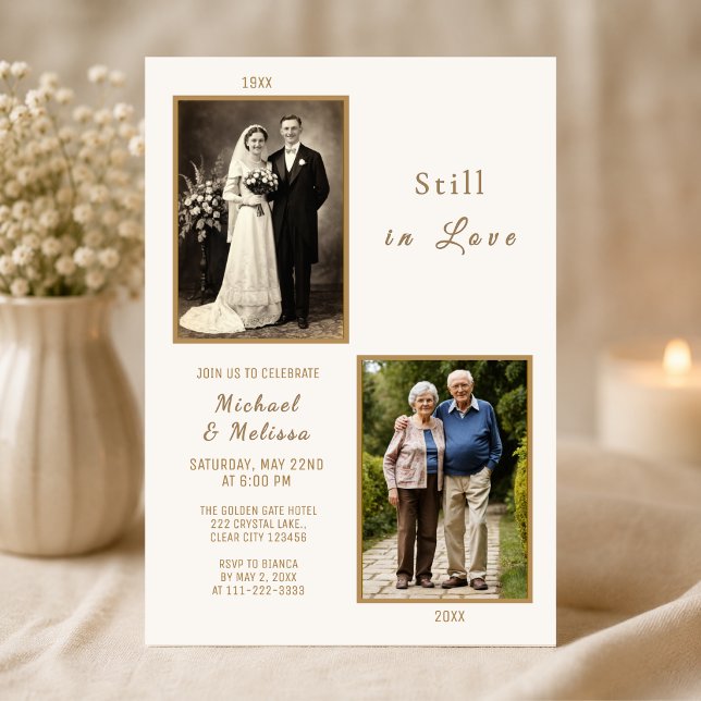 Invitación de aniversario aún enamorados (Elegant still in love anniversary invitation with timeless ivory and gold romance)