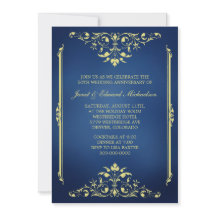 Invitación de aniversario azul y dorado victoriano