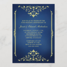 Invitación de aniversario azul y dorado victoriano