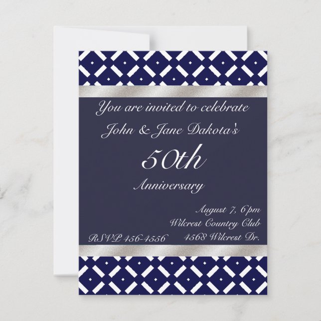Invitación de aniversario azul y plata (Anverso)