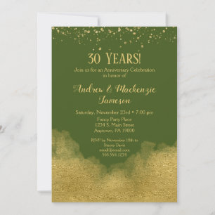 Invitación de aniversario con confeti de oro verde