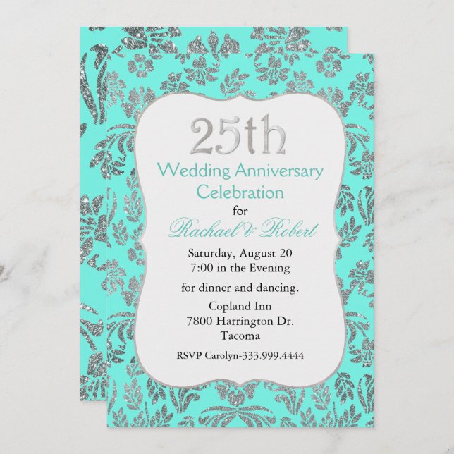 Invitación de aniversario de 25 años Cyan y Silver (Anverso / Reverso)