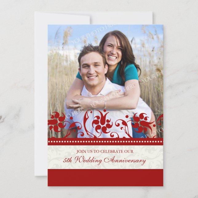 Invitación de aniversario de 5 años con foto flora (Anverso)