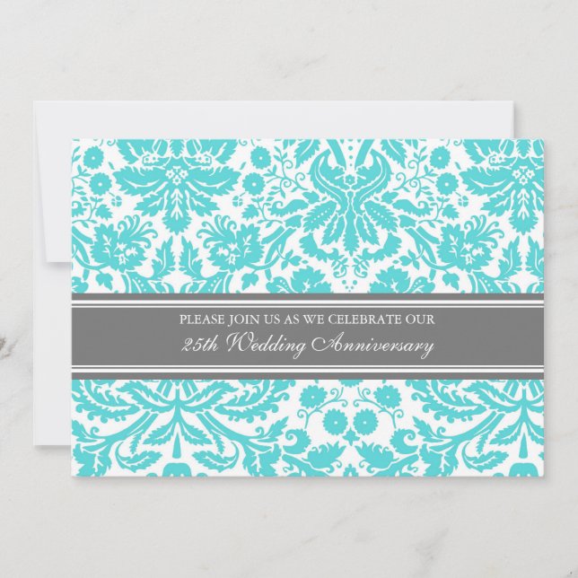 Invitación de aniversario de Aqua Gray Damask 25 (Anverso)