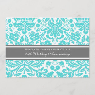 Invitación de aniversario de Aqua Gray Damask 25