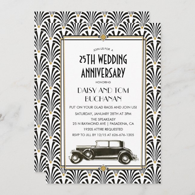 Invitación de aniversario de boda Art Deco Gatsby (Anverso / Reverso)