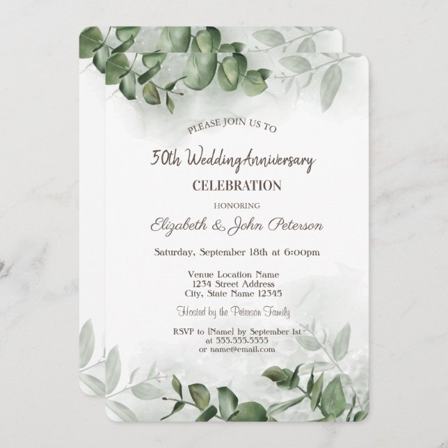 Invitación de aniversario de boda con eucalipto ac (Anverso / Reverso)