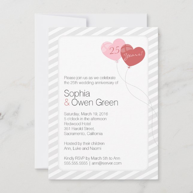 Invitación de aniversario de boda con globos de 4, (Anverso)