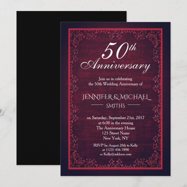 Invitación de aniversario de boda de burgundy vint (Anverso / Reverso)
