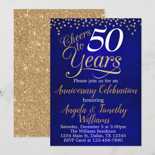 Invitación de aniversario de boda de oro zafiro (Anverso / Reverso)