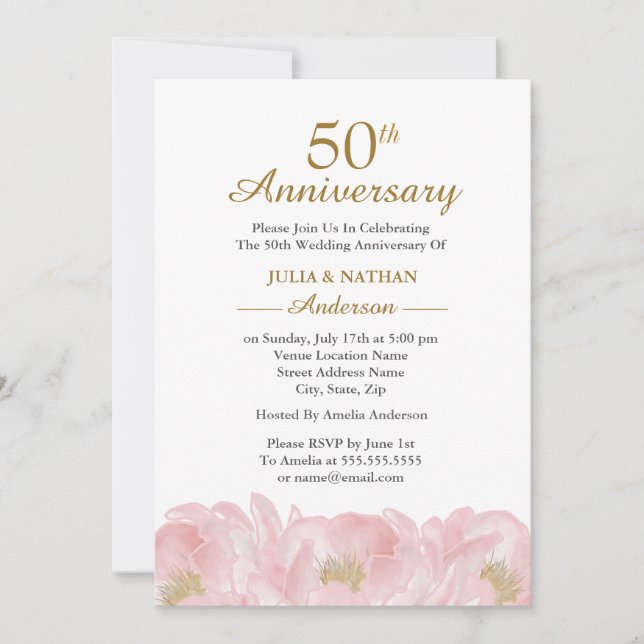Invitación de aniversario de boda de peonía rosa e (Anverso)