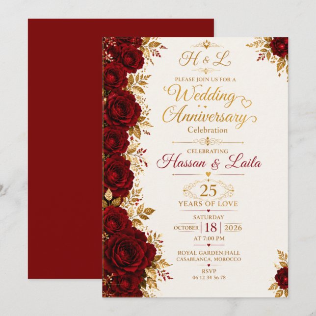 Invitación de aniversario de boda de rosa roja ele (Anverso / Reverso)