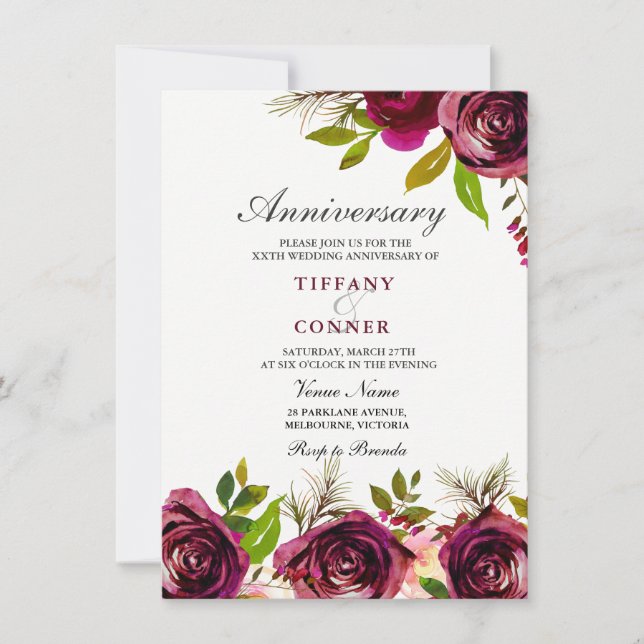 invitación de aniversario de boda floral borgoña (Anverso)