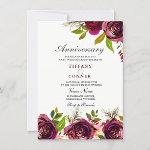 invitación de aniversario de boda floral borgoña