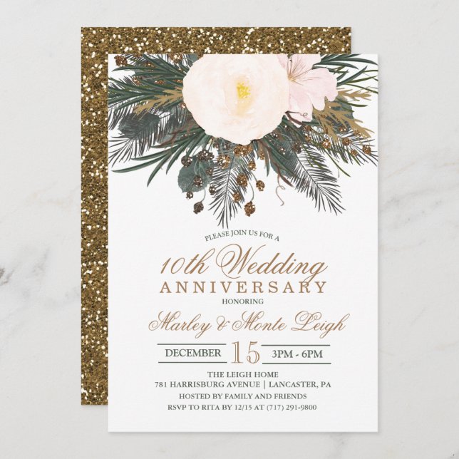 Invitación de aniversario de boda floral de invier (Anverso / Reverso)