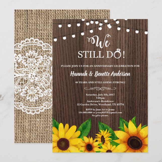 Invitación de aniversario de boda Girasol rústico (Anverso / Reverso)