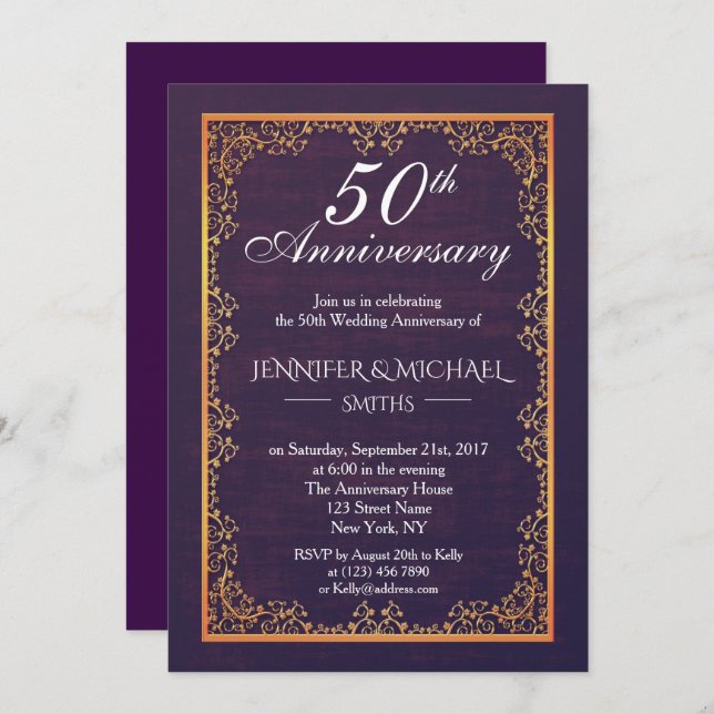 Invitación de aniversario de boda morada elegante  (Anverso / Reverso)