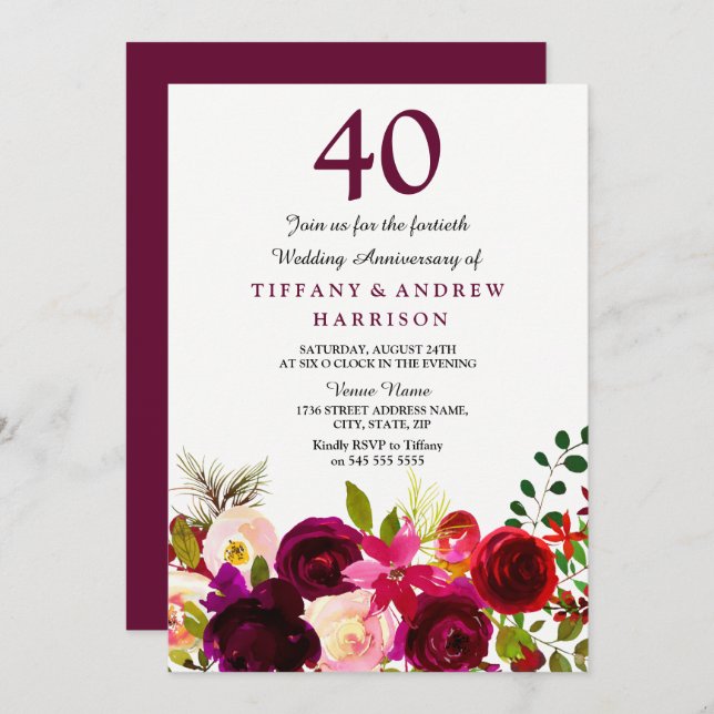 Invitación de aniversario de boda roja borgoña de  (Anverso / Reverso)
