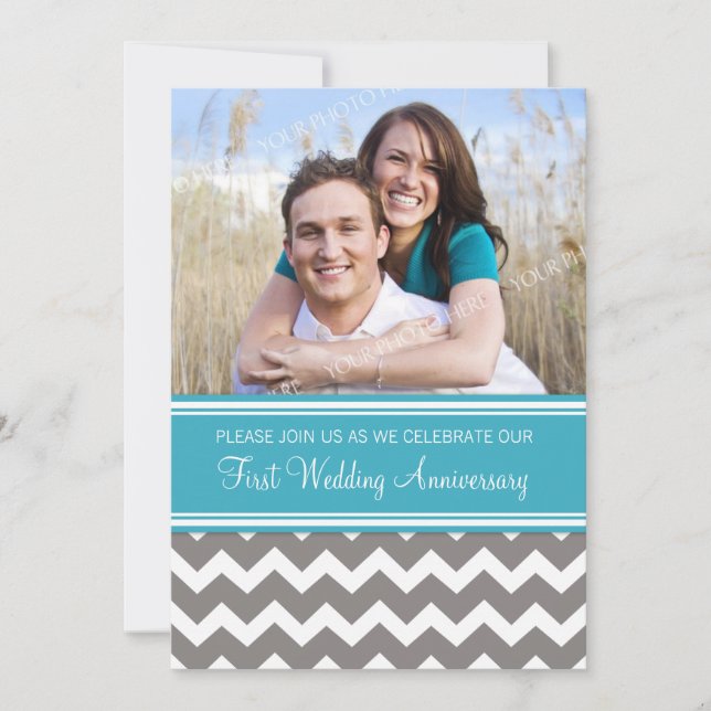 Invitación de aniversario de bodas azul gris foto (Anverso)