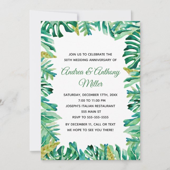 Invitación de aniversario de bodas Botánico Tropic (Anverso)