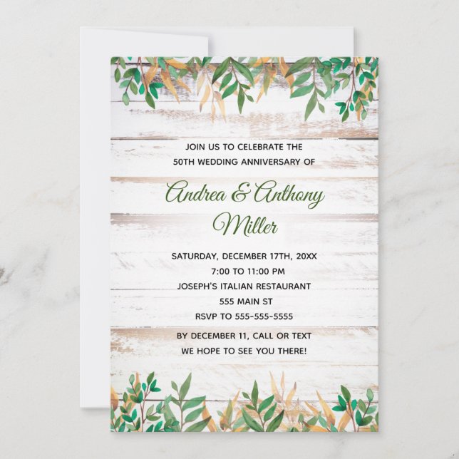 Invitación de aniversario de bodas con vegetación  (Anverso)