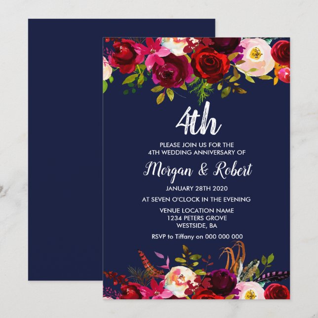 Invitación de aniversario de bodas de 4 años en fl (Anverso / Reverso)