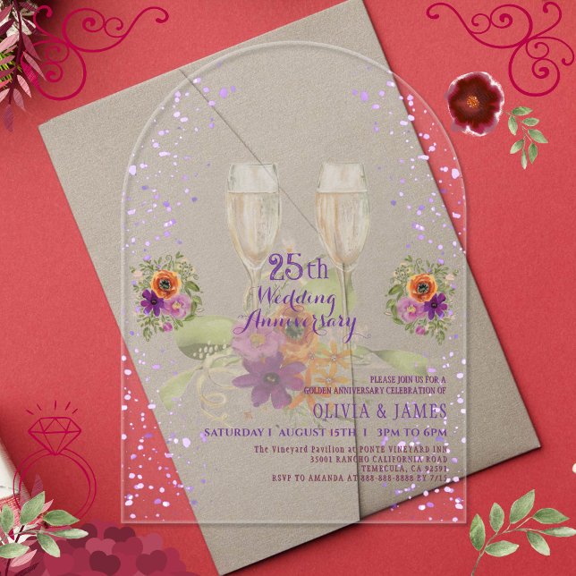 Invitación de aniversario de bodas de Acrílico Flo (Luxury Purple Floral Acrylic 25th Anniversary Invitations)