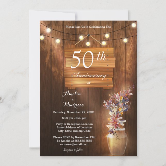 Invitación de aniversario de bodas de madera brill (Anverso)