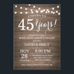 Invitación de aniversario de bodas de madera rústi<br><div class="desc">Invitación de aniversario de bodas número 45. Fondo de madera rústica. Luces de cuerda. 1º, 2º, 3º, 4º, 5º, 10º, 15º, 20º, 25º, 30º, 35º, 40º, 45º, 50º, 55º, 60º, 65º, 70º, 75º, 80º, cualquier año. Cumpleaños adulto. Fiesta de cumpleaños de hombre o mujer. Para una mayor personalización, haga clic...</div>