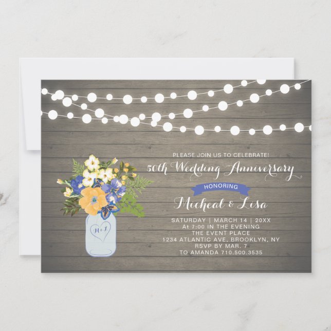 Invitación de aniversario de bodas de madera rústi (Anverso)