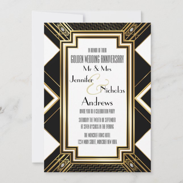Invitación de aniversario de bodas de oro Art Deco (Anverso)