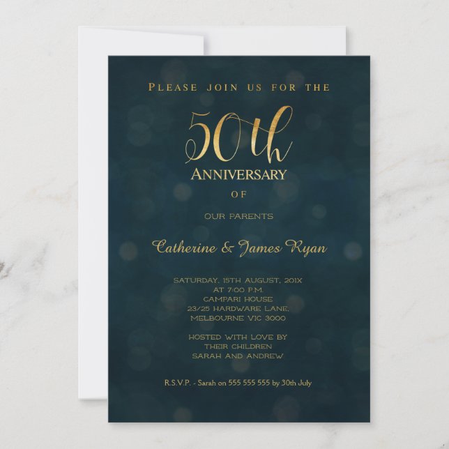 Invitación de aniversario de bodas de oro azul dor (Anverso)