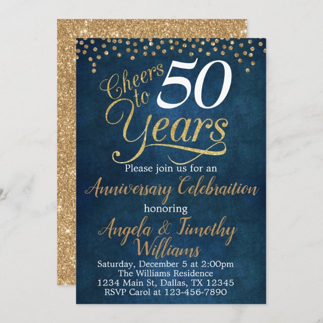 Invitación de aniversario de bodas de oro azul mar (Anverso / Reverso)