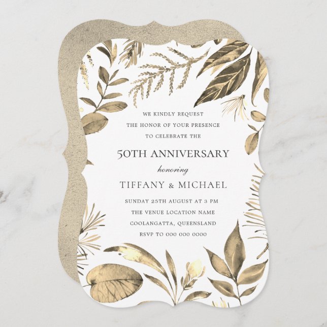 Invitación de aniversario de bodas de oro con hoja (Anverso / Reverso)