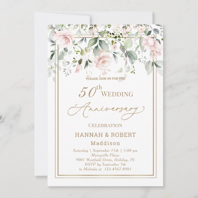 Invitación de aniversario de bodas de oro con rosa (Anverso)