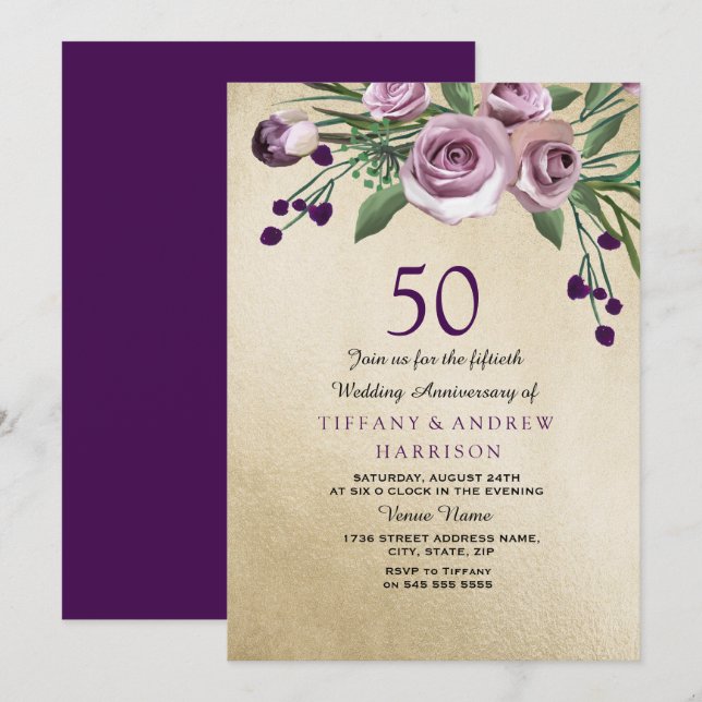 Invitación de aniversario de bodas de oro Purple R (Anverso / Reverso)