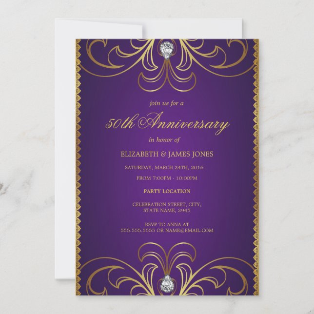 Invitación de aniversario de bodas de oro púrpura  (Anverso)