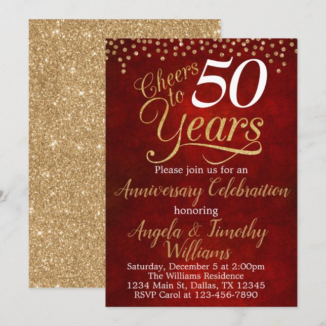 Invitación de aniversario de bodas de oro rojo rub (Anverso / Reverso)