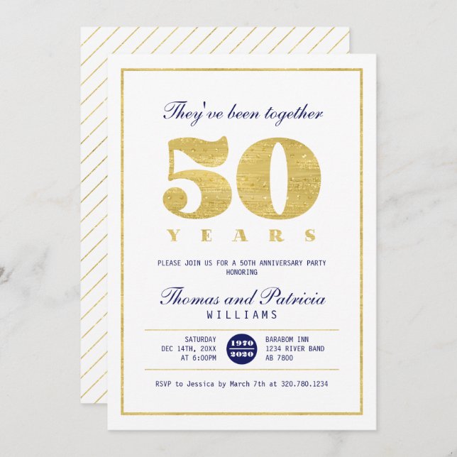 Invitación de aniversario de bodas de oro y azul m (Anverso / Reverso)