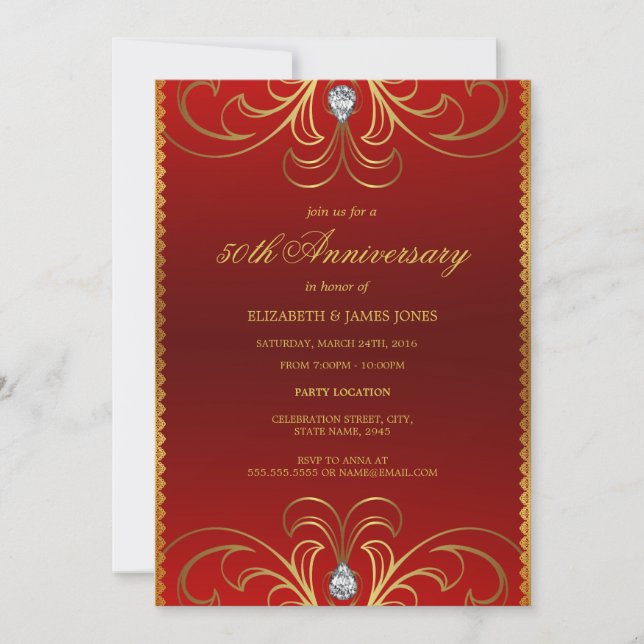 Invitación de Aniversario de Bodas de Oro y Rojo 5 (Anverso)