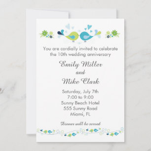 Invitación de aniversario de bodas de pájaros azul