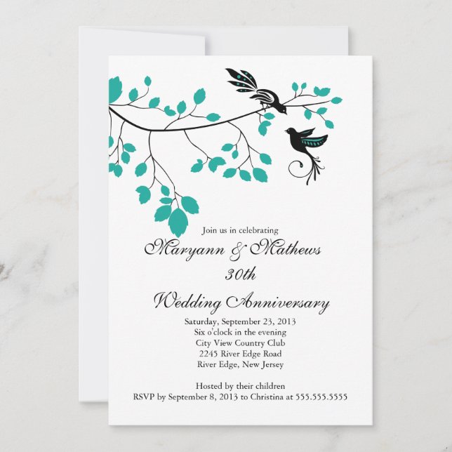 Invitación de aniversario de bodas de pájaros de a (Anverso)